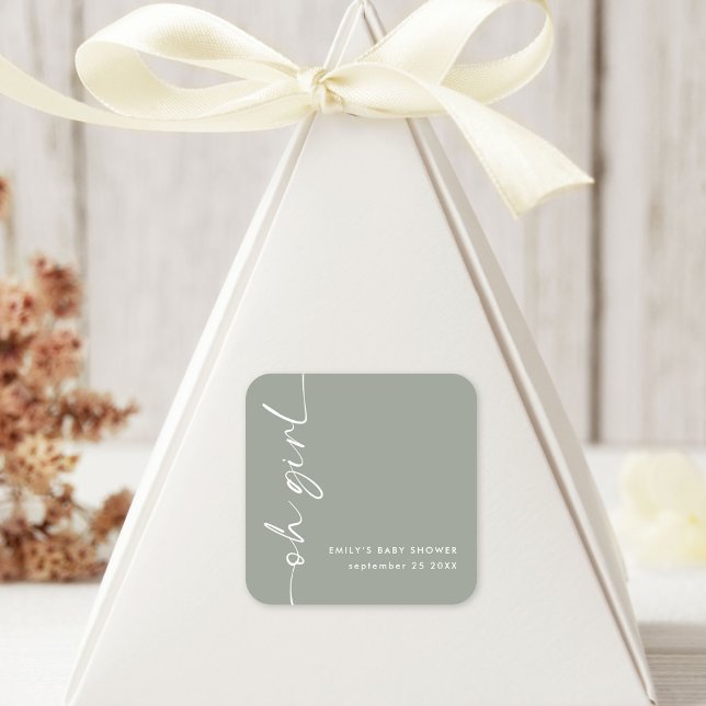 Minimalist Script Name Oh Girl Sage Baby Shower Square Sticker (Creator Uploaded)