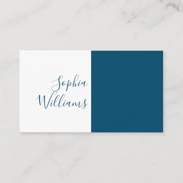 Minimalist Script Navy and White Business Card (Front)