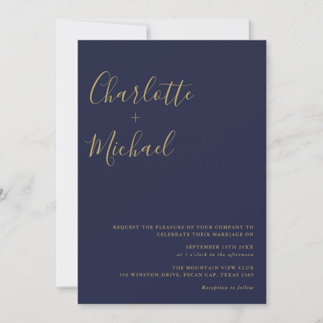 Minimalist Script Navy Blue And Gold Photo Wedding Invitation (Front)