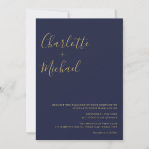 Minimalist Script Navy Blue And Gold Photo Wedding Invitation