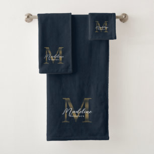Minimalist Script Navy Blue Metallic Gold Monogram Bath Towel Set