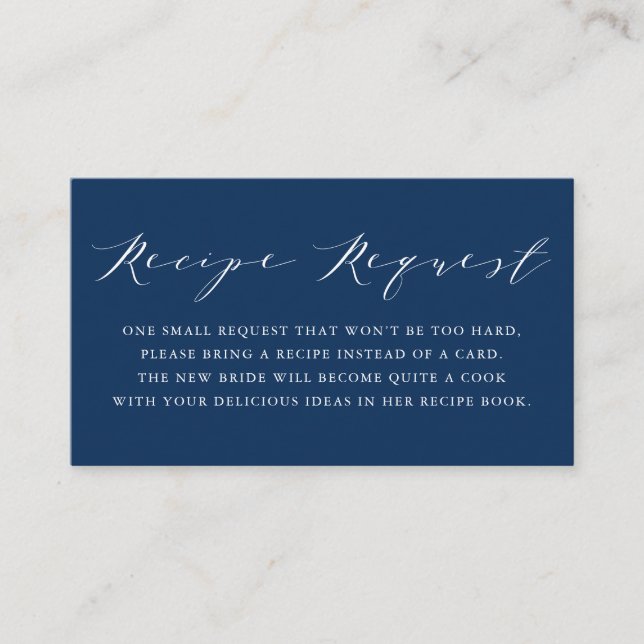 Minimalist Script Navy Blue Shower Recipe Request Enclosure Card (Front)