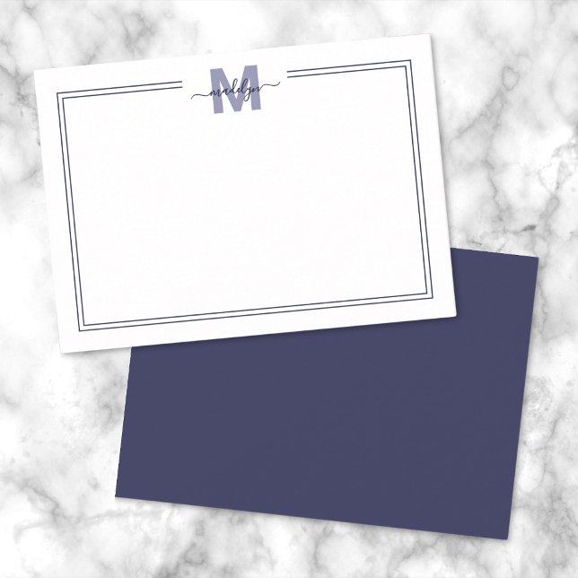 Minimalist Script Navy Blue Two Border Monogram Card (Navy Blue Minimalist Script Name Monogram Note Card)