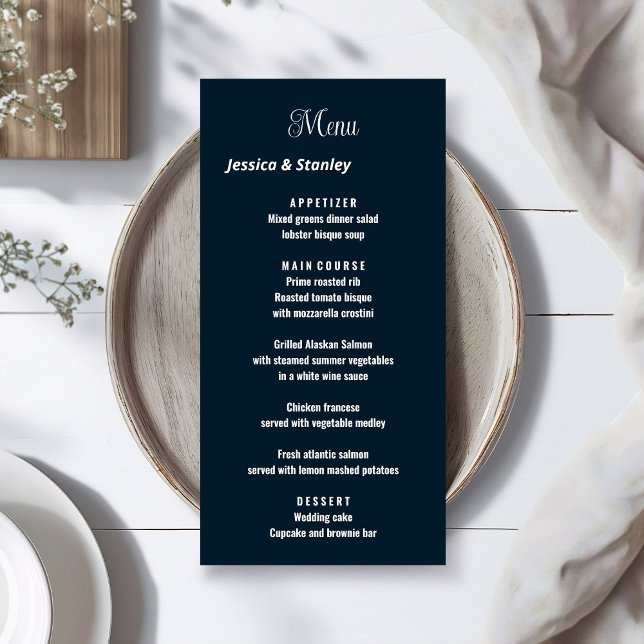 Minimalist script navy blue wedding  menu  (Creator Uploaded)
