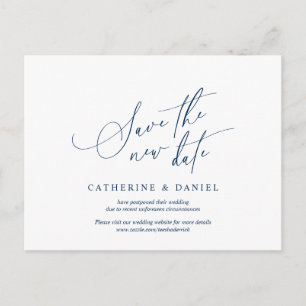 Minimalist Script, Navy Blue, Wedding Postponed Postcard