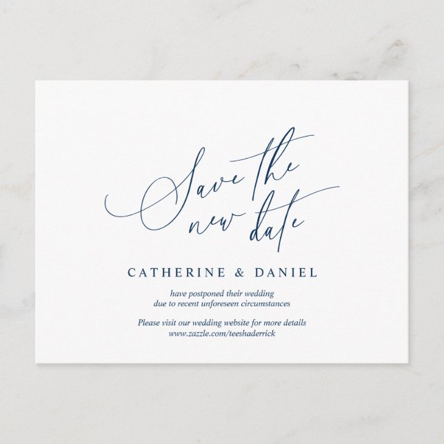 Minimalist Script, Navy Blue, Wedding Postponed Postcard (Front)