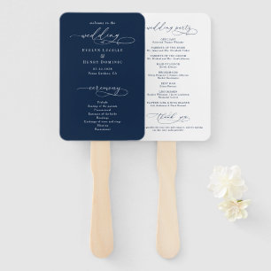 Minimalist Script Navy Blue Wedding Program Hand Fan