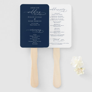 Minimalist Script Navy Blue Wedding Program Hand Fan