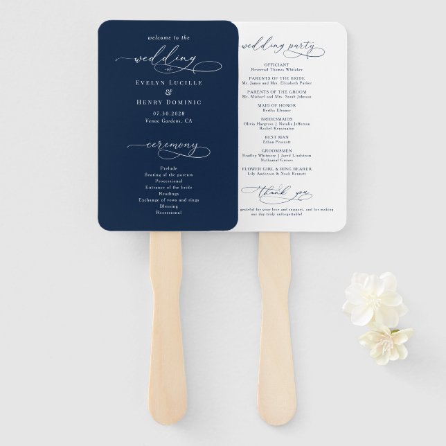 Minimalist Script Navy Blue Wedding Program Hand Fan (Front and Back)