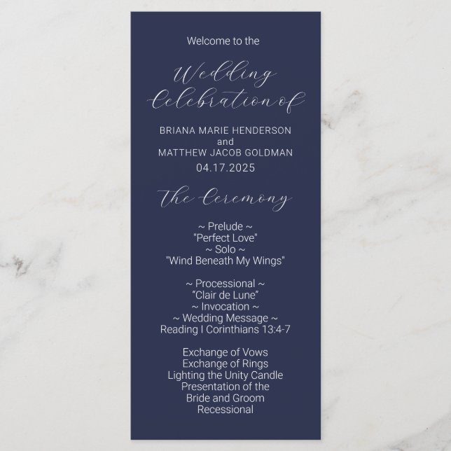 Minimalist Script Navy Blue Wedding Program Programme (Front)