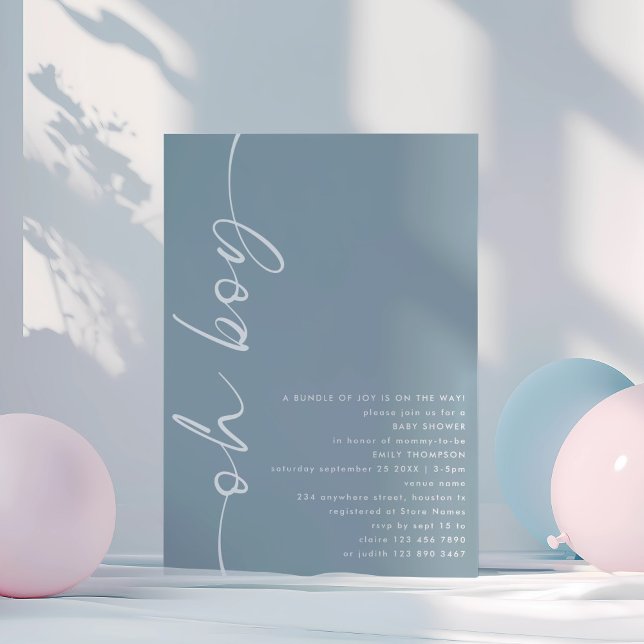 Minimalist Script Oh Boy Dusty Blue Baby Shower Invitation (Creator Uploaded)