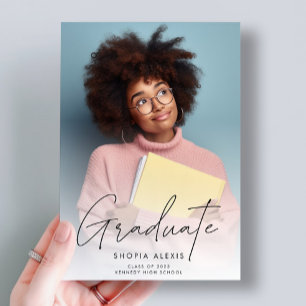 Minimalist Script Overlay Two Photo Graduation Announcement