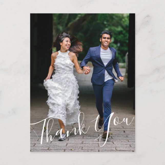 Minimalist Script Overlay Wedding Thank You Photo Postcard (Front)