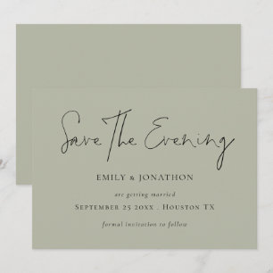 Minimalist Script Pale Sage Save the Evening Invitation