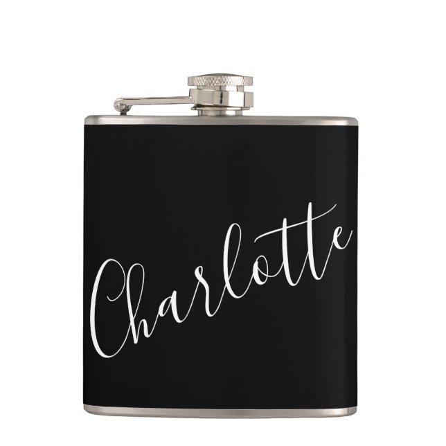 Minimalist Script Personalised Name Black Hip Flask (Front)