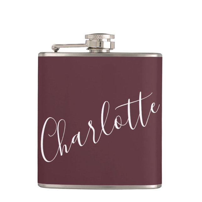 Minimalist Script Personalised Name Burgundy Hip Flask (Front)