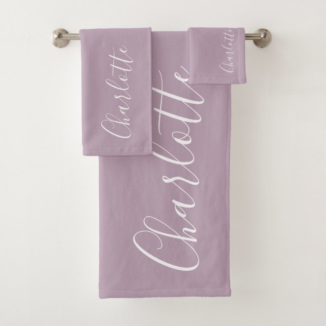 Minimalist Script Personalised Name | Dusty Lilac Bath Towel Set (Insitu)