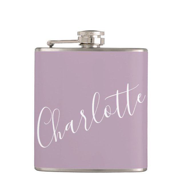 Minimalist Script Personalised Name Dusty Lilac Hip Flask (Front)