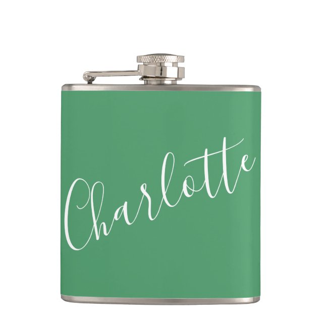 Minimalist Script Personalised Name Kelly Green Hip Flask (Front)