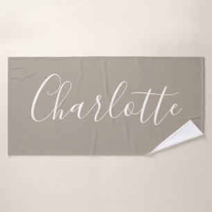 Minimalist Script Personalised Name Taupe Brown Bath Towel