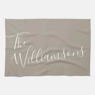 Minimalist Script Personalised Name   Taupe Brown Tea Towel