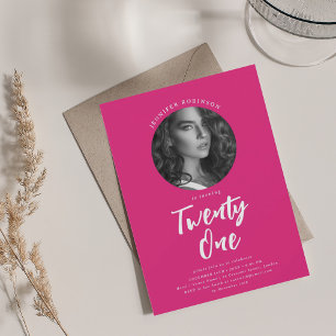 Minimalist Script Photo 21st Birthday Hot Pink  Invitation