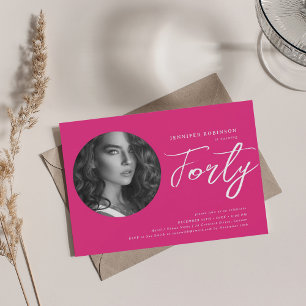 Minimalist Script Photo 40th Birthday Hot Pink  Invitation