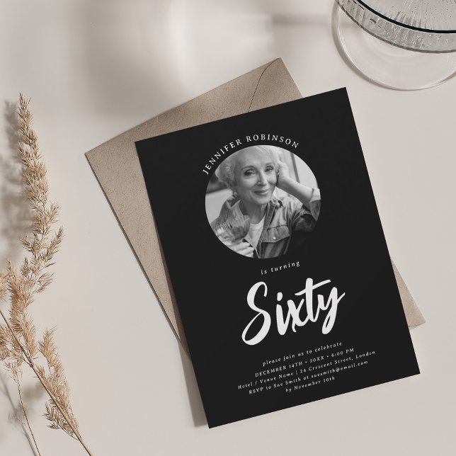 Minimalist Script Photo 60th Birthday Black  Invitation (Minimalist Script Photo 60th Birthday Black Invitation)