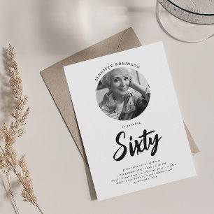 Minimalist Script Photo 60th Birthday Black White Invitation