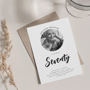 Minimalist Script Photo 70th Birthday Black White Invitation