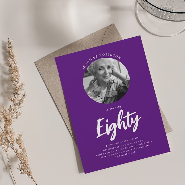 Minimalist Script Photo 80th Birthday Purple  Invitation (Minimalist Script Photo 80th Birthday Purple Invitation)