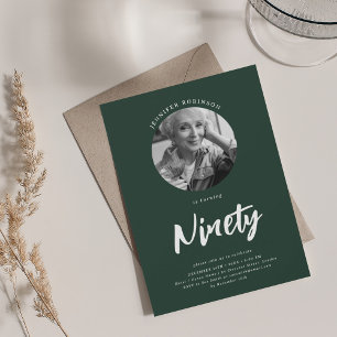 Minimalist Script Photo 90th Birthday Emerald  Invitation