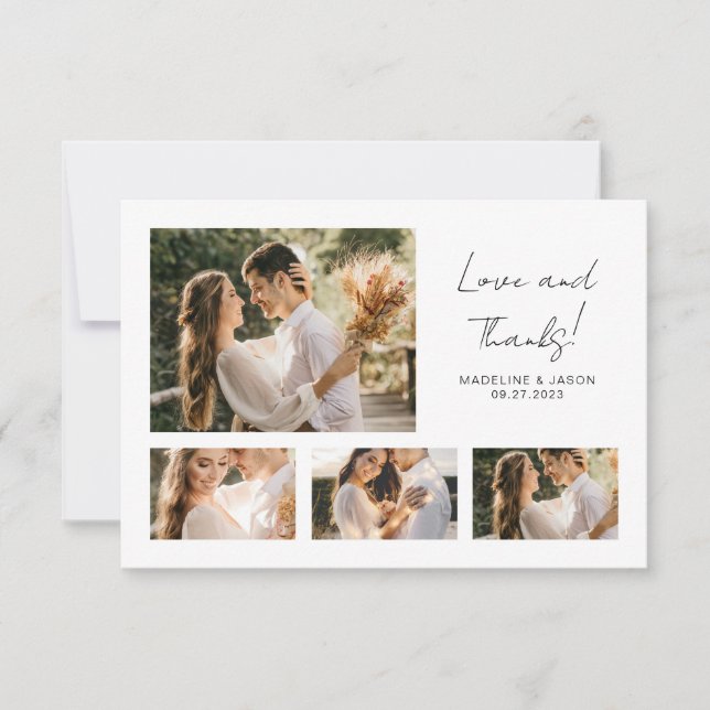 Minimalist Script Photo Collage Wedding Thank You Card (Front)