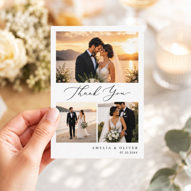 Minimalist Script Photo Collage Wedding Thank You Card (Creator Uploaded)