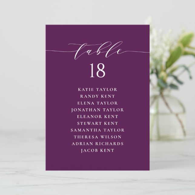 Minimalist Script Purple Seating Plan Table Number (Standing Front)