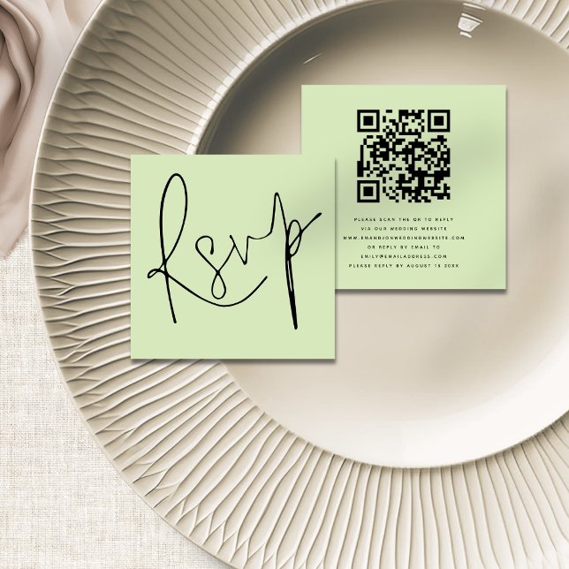 Minimalist Script QR Code Lime Cream Wedding RSVP Enclosure Card (Front and back view)