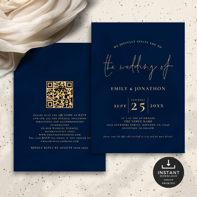 Minimalist Script QR Code Navy Blue Gold Wedding Invitation (Front and back view)