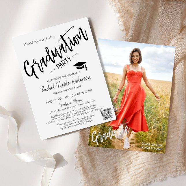 Minimalist Script QR Code Photo Graduation Party Invitation (Creator Uploaded)