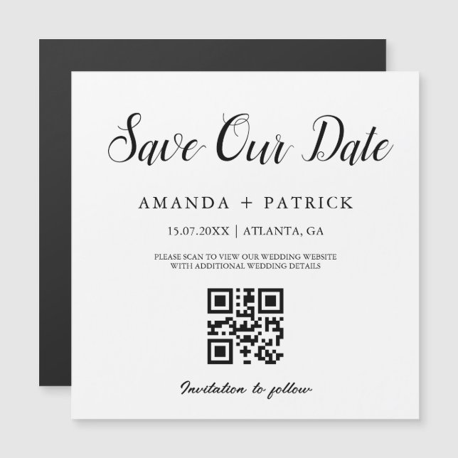 Minimalist Script QR Code Save The Date Magnet (Front/Back)