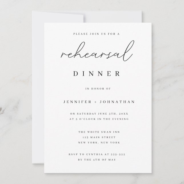 Minimalist Script Rehearsal Dinner Invitations (Front)