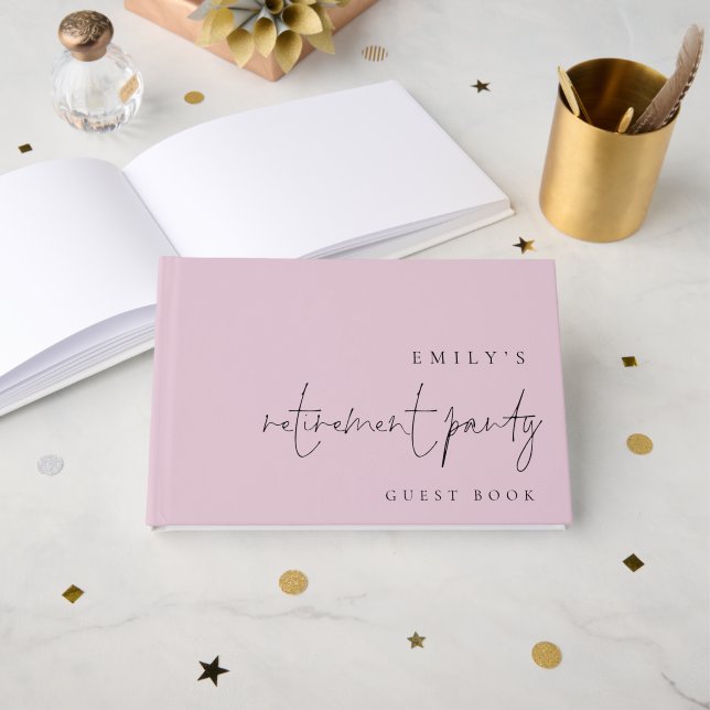 Minimalist Script Retirement Party Pink Guest Book (Front Open)