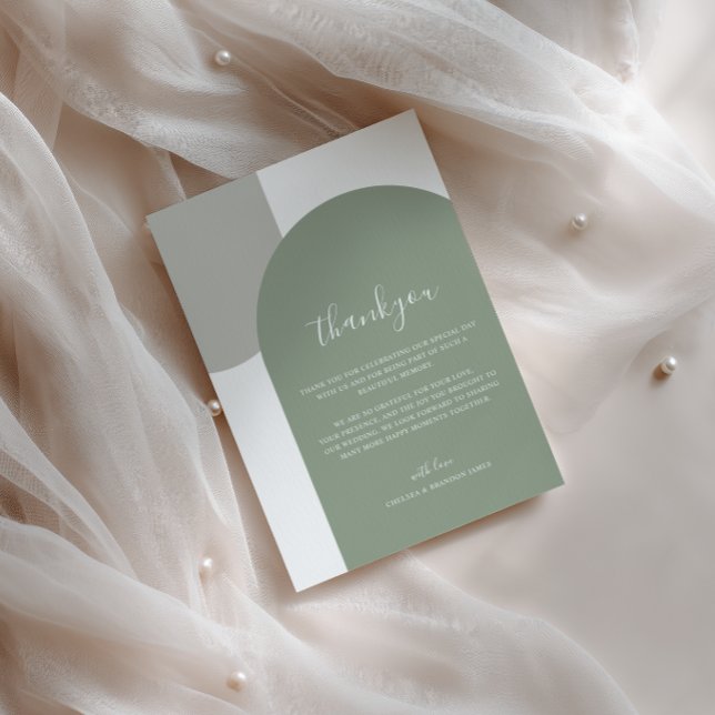 Minimalist Script Retro Sage Green Arch Wedding Thank You Card (Creator Uploaded)