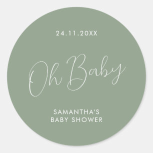 Minimalist Script Sage Green Oh Baby Shower Classic Round Sticker