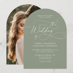 Minimalist Script Sage Green Photo Wedding Arch Invitation