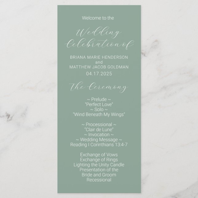 Minimalist Script Sage Wedding Program Programme (Front)