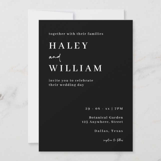 Minimalist Script Simple Black & White Wedding Invitation (Front)