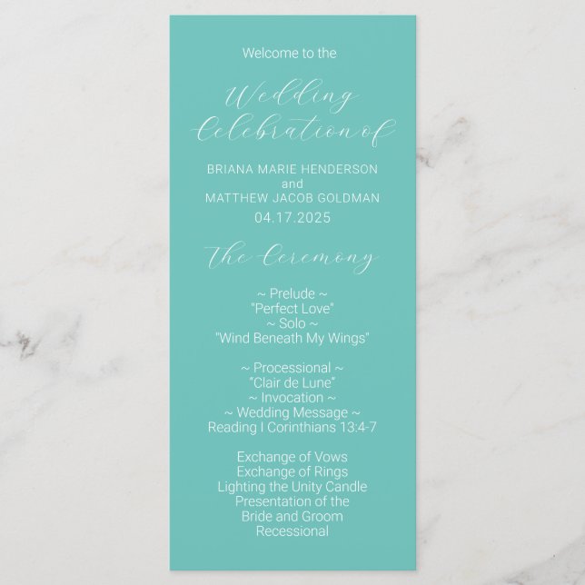 Minimalist Script Teal Wedding Program Programme (Front)