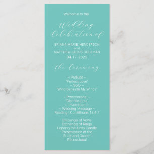 Minimalist Script Teal Wedding Program Programme