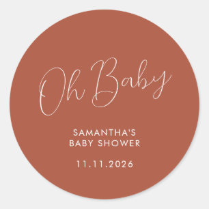 Minimalist Script terracotta Oh Baby Classic Round Sticker