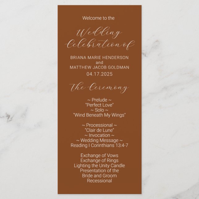 Minimalist Script Terracotta Wedding Program Programme (Front)
